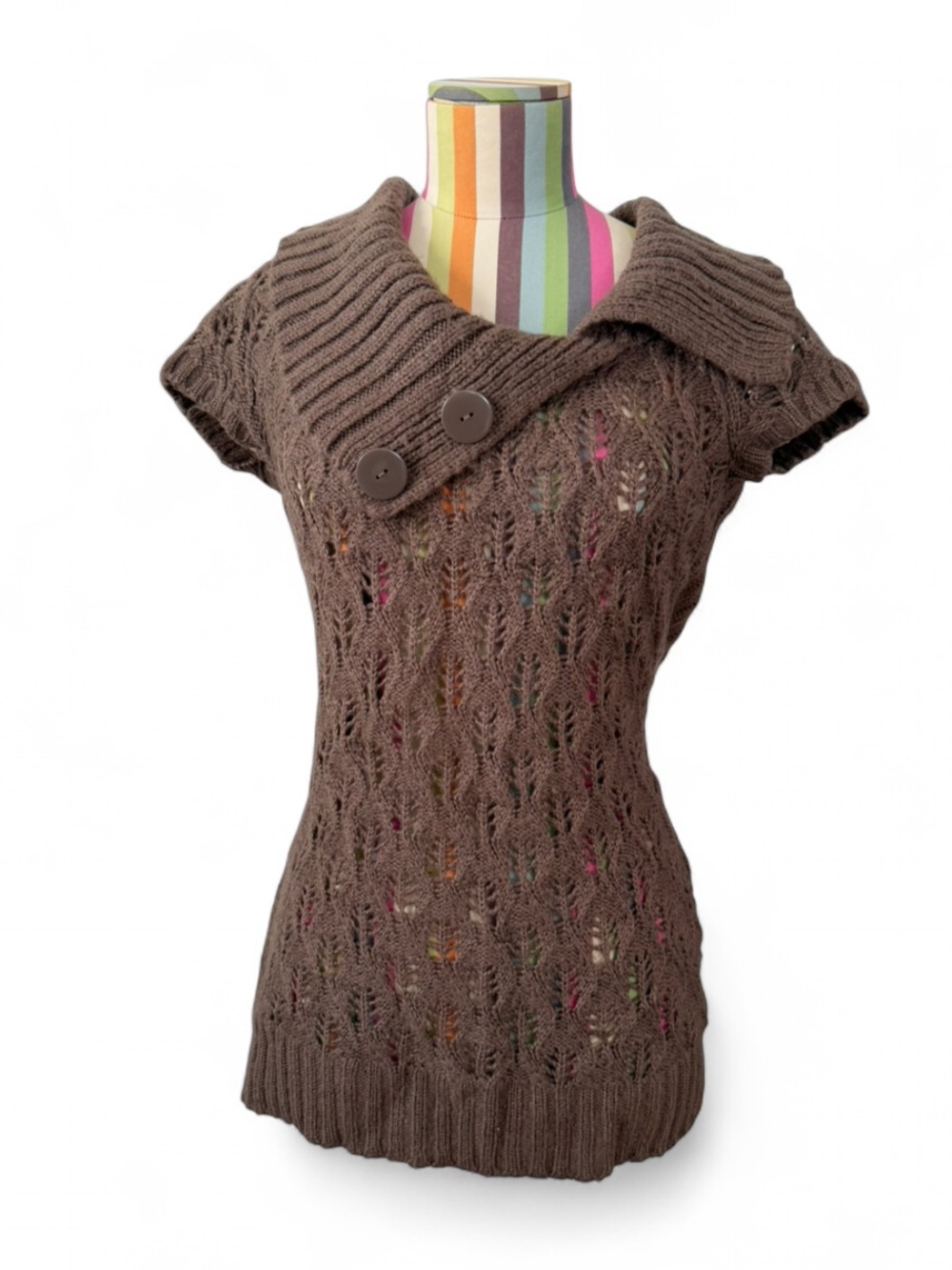 Love By Design Button Collar Short Sleeve Chunky Sweater Open Knit
